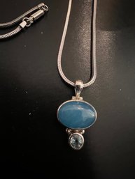 Sterling Silver 18' Chain On Pendent With Blue Topaz And Semi Precious Stone